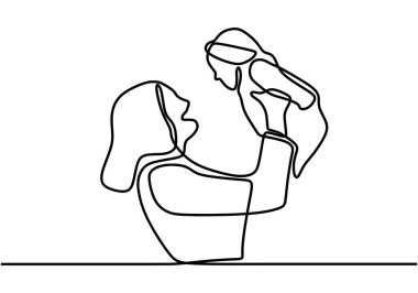 Anneler Günün kutlu olsun. Aralıksız tek bir çizgi. Mutlu anne dışarı çıkıyor ve bebeğini kucağında tutuyor. Sevimli bebek ve anne hattı silueti. Mutlu anne bebeğini kucağına aldı. Şirin basit vektör illüstrasyonu