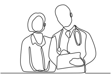 Hastalık teşhisi koyan bir doktor çizimi, hastanın tıbbi kayıtlarını okurken....