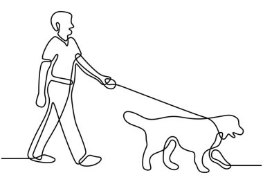 Sürekli olarak köpekle yürüyen bir adam çizgisi çiziliyor. Koşmanın ve köpekle oynamanın tadını çıkar. Her sabah havayı solurken rutin. Vektör illüstrasyonu