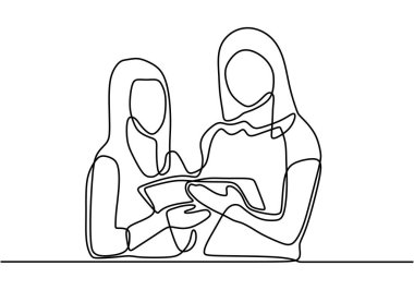 Sürekli bir çizgi vektör çizimi yapan bir grup insan. Sınavlara hazırlanan öğrenciler, ödev ya da görev yapanlar, vektör illüstrasyon basitlik tasarımı.