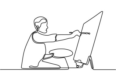 Ressam ressamının bir çizimi. Tablo üzerinde resim yapan bir adam. Fırça tutan adam. Anlamlı soyut resimler. Devamlı el çizimi minimalizm.