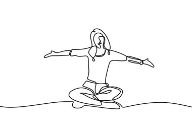 Mutlu kız oturuyor, bir çizgi çiziyor. Kadın ellerini yana açıp özgürlük ifadesi veriyor..