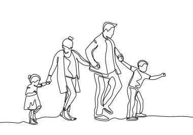 Aile üyelerinin sürekli çizimleri. Baba, anne, kız ve oğul el ele tutuşuyorlar..