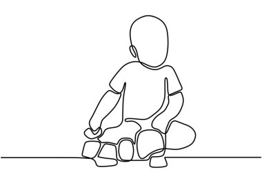 Sürekli oturan ve plastik oyuncaklarla mutlu mesut oynayan bir çocuk. Oyuncaklarla iyi eğlenceler. Karakter Çizgi Filmi, Siyah ve Beyaz Çizgi Film Vektör Resimleri