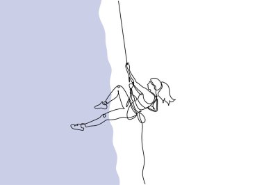 Sıra dışı bir spor çizimi. İple kaya tırmanışı yapan bir kız. Sürekli minimalizm adrenalin teması, vektör illüstrasyon minimalizmi.
