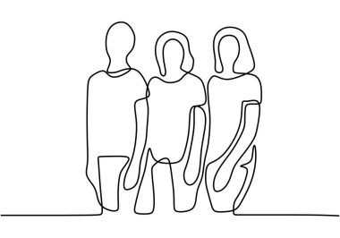 Ayakta duran üç modelin kesintisiz çizimleri. Erkek ve kadın birbirlerine şık pozlar verirler. Birbirinizin özelliklerine uygun bir tarz. Kendine güvenen profesyonel modeller. Vektör illüstrasyonu