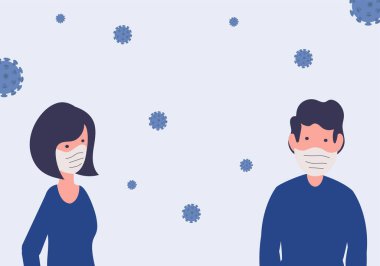 Roman Coronavirus 2019-nCoV. Erkek ve kadın Corona virüsünden korunmak için maske takıyor. Düz dijital vektör illüstrasyonu, afiş, poster ve arka plan elementleri için iyidir. Mavi renk teması, salgın önleme.
