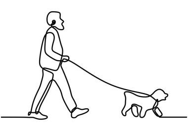 Sürekli olarak köpekle yürüyen bir adam çizgisi çiziliyor. Koşmanın ve köpekle oynamanın tadını çıkar. Her sabah havayı solurken rutin. Vektör illüstrasyonu