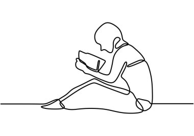 Yatakta kitap okuyan bir kız. Evinde dinlen. Kız oturuyor ve yatakta bir kitap okuyor. Kaliteli zaman. Vektör çizimi beyaz arkaplanda izole edildi. Sürekli çizgi çizimi.