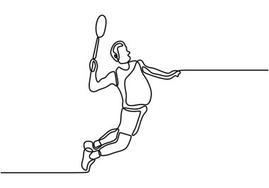 Genç, çevik badminton oyuncusunun tek sıra çizimi. Genç profesyonel smaç atlayışı. Spor konsepti. Badminton turnuvası için bir satır tasarım vektör çizimi.