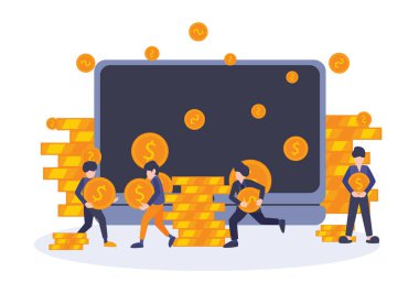 Vektör düz çizim, Dijital Teknolojilerden İnternet 'te Para Kazanma ve Harcama. Takım çalışması, büyük monitörden, iş metaforu konseptinden, işbirliği performansından dolar sikkeleri getirir.