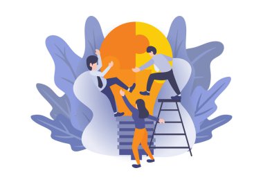 İşbirliği konsepti. Düz vektör çizimi, insanlar işbirliği, problem çözme, takım çalışması, başarılı bulmaca çözümü. İş stratejisi metaforu. Büyük ampuller küçük işadamlarıyla bulmaca çözer..