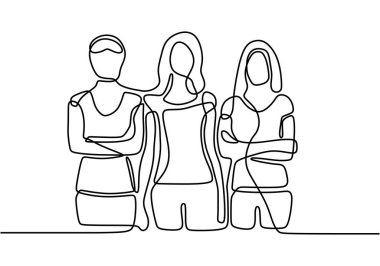 Ayakta duran üç kadının durmaksızın çizimi. Kendinden emin kızlar. Hiçbir şeyden korkmuyor. Güçlü bir kadın. Vektör illüstrasyonu