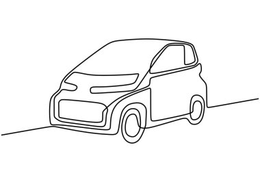 Modern yarış arabasının tozlu yolda sürüşünün kesintisiz çizgisi. Akıllı Araba Süreklilik Vektör Çizgisi Grafiği.