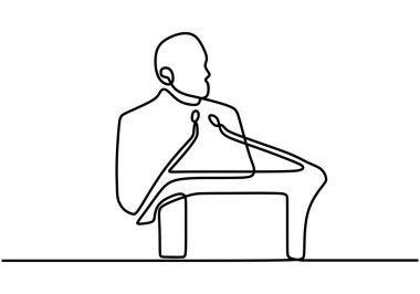 Devamlı çizim yapan bir adam podyumda konuşma yapıyor. İş adamı ya da politikacı kampanyası kavramı. Basitlik biçimi ve vektör illüstrasyonu beyaz arkaplanda izole edildi.