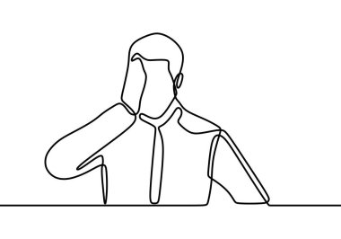 Sürekli insanın üzgün, yorgun ve endişeli olduğu çizimler. Kafa tutan stresli kişi, vektör illüstrasyon minimalizmi.