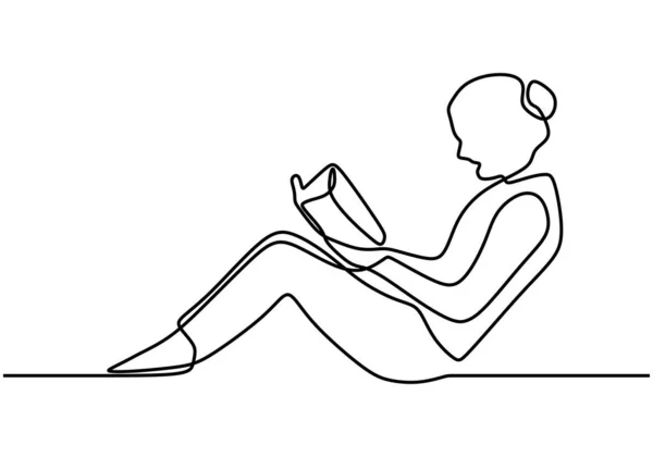 一个排队的女孩在床上看书 在家里放轻松这个女孩正坐在床上看书 质量时间 在白色背景下孤立的矢量草图 连续线绘图 — 图库矢量图片