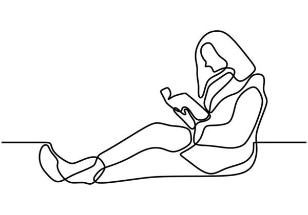 Одна Лінія Дівчина Читає Ліжку Розслабся Вдома Дівчина Сидить Читає — стоковий вектор
