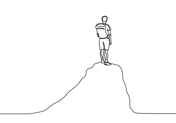 Garis Terus Menerus Gambar Orang Berdiri Puncak Gunung Konsep Sukses - Stok Vektor