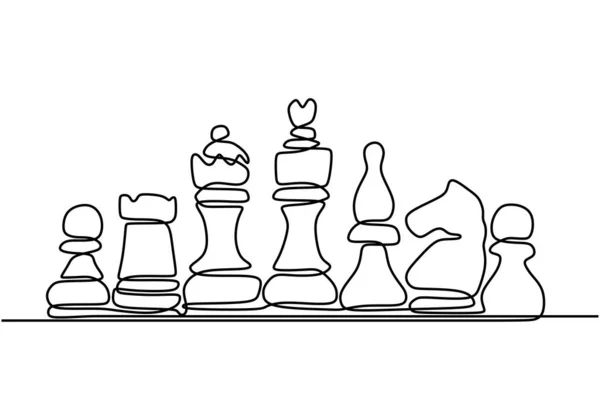 Dessin Continu Une Ligne Pièces Échecs King Queen Configuration Échiquier — Image vectorielle