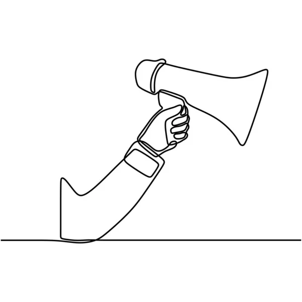 用手拿着号角扬声器绘制的一条线 喇叭扬声器 用于交流 用扩音器大声喊着 演讲实践概念单线绘图设计图 — 图库矢量图片