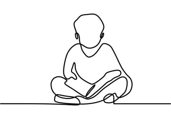 Continuous one line drawing. Happy boy reading open books sitting on floor. Kid reading the book. Vector illustration minimalism style on white background back to school theme.