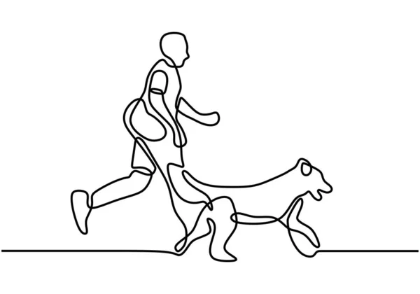 Uma Linha Desenho Homem Correndo Com Cão Jovem Feliz Correndo —  Vetores de Stock