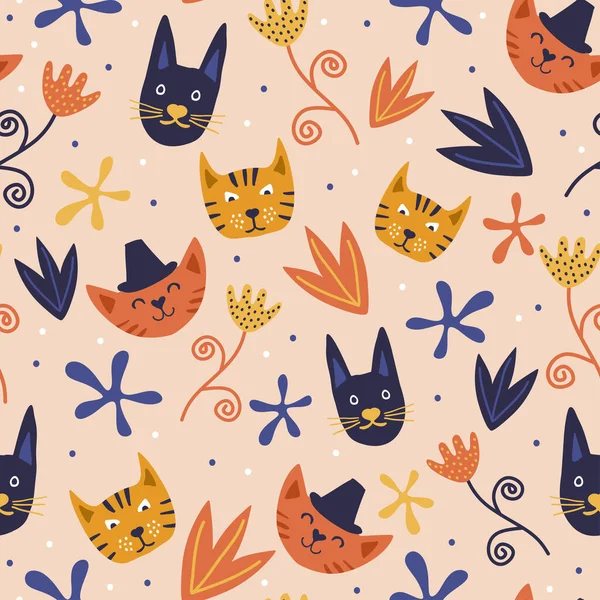 无缝图案与可爱多彩的小猫 猫科动物卡通人物手绘花卉装饰 很适合面料 纺织品病媒说明 — 图库矢量图片