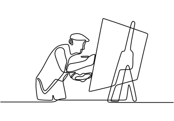画家の一本の線画 キャンバスに絵を描く男 筆を持ってる男 意味のある抽象絵画 手描きのミニマリズム — ストックベクタ