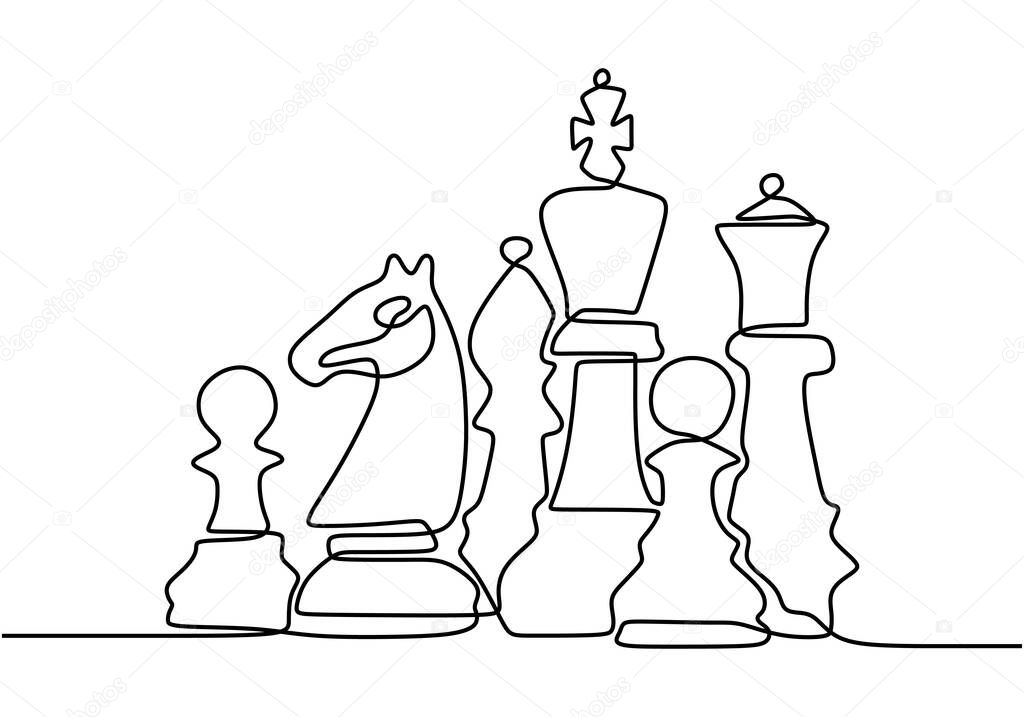 Continuous one line drawing of chess pieces. King queen chess board setup. Group of players tactic concept. Vector illustration