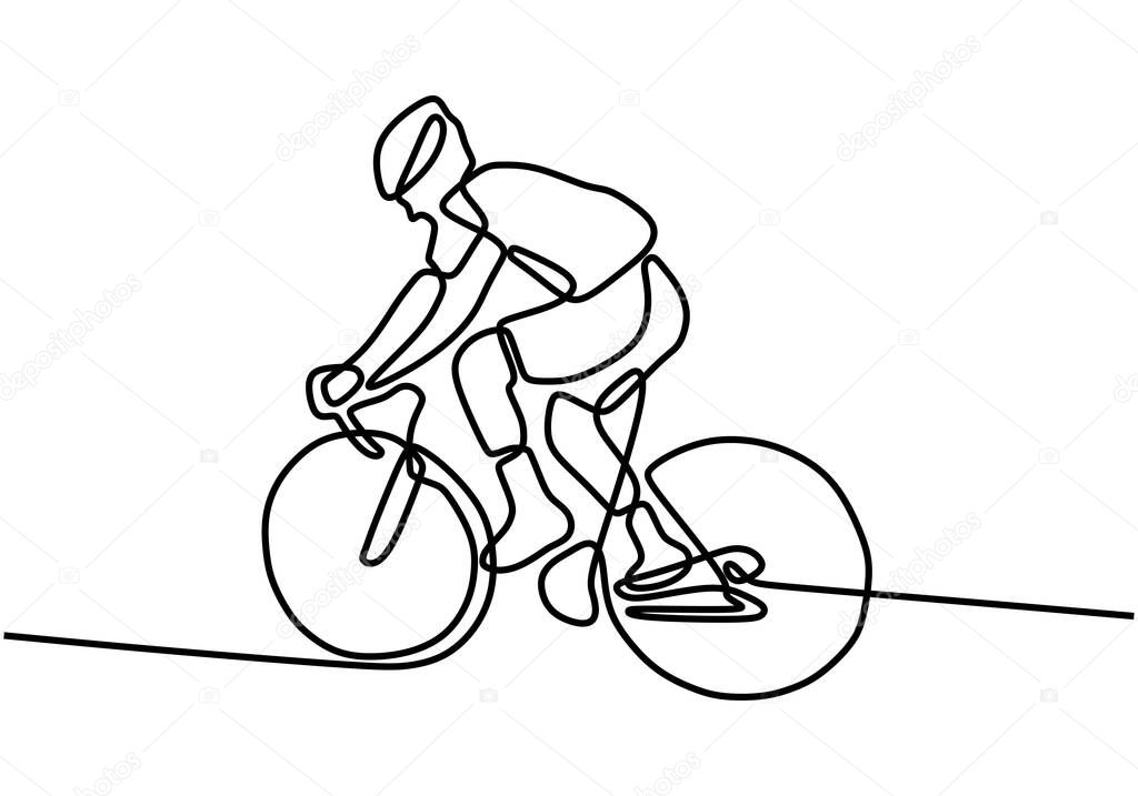 Continuous one line cyclist performs a trick on bicycle. Young bicycle rider down the hill at full speed. Professional cyclist. Bike in the mountain. Extreme sport concept vector illustration