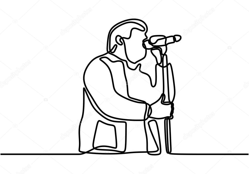 One single line drawing of young happy male singer holding microphone and singing.