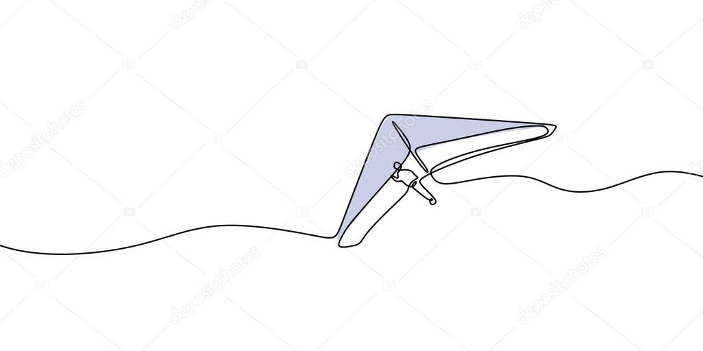 Hang gliding one line drawing, an air sport or recreational activity in which a pilot flies a light. Minimalist contour hand drawn extreme sports flying on the sky.