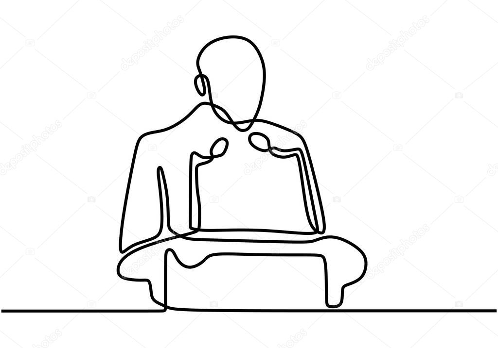 Continuous line drawing, a man give a speech on podium. Concept of businessman or politician giving campaign. Simplicity style, vector illustration isolated on white background.