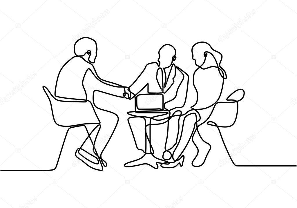 continuous line drawing of work team having meeting. Business meeting and discussion. Three persons talking each other. Interested in the business offered