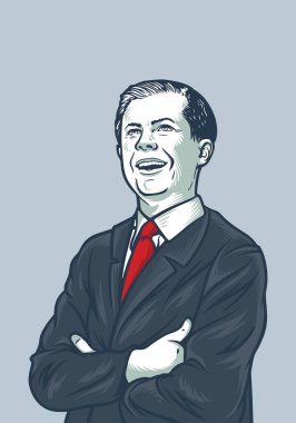 Nisan 17, 2020 Pete Buttigieg 'in portresi. ABD 2020 başkanlık seçimleri için demokratik aday. Kendinden emin gülümsüyor. 2020 ABD seçim kampanyası başkan adayı.