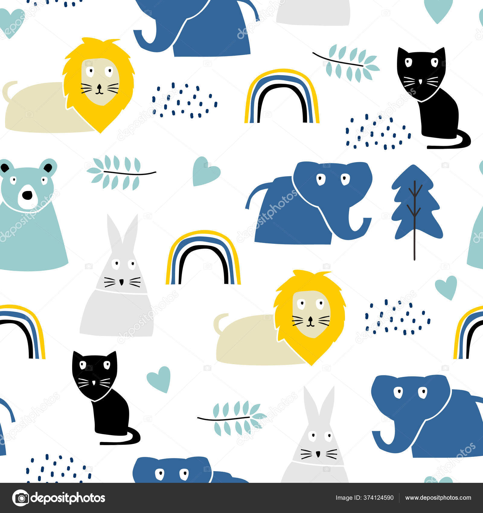 Kindliches Muster Mit Safaritier Löwe Kaninchen Katze Und Elefant