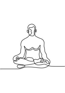 Sürekli çizgi sanatı ya da yoga pozu veren bir adamın çizimi. Bacak bacak üstüne atarak oturuyor. Yoga nilüfer pozu. Genç erkek meditasyon için yoga yapıyor. Meditasyondaki kişinin tasviri.