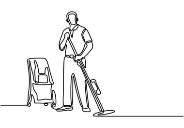 Aralıksız tek çizgi halinde erkek temizlikçi yerleri yıkıyor. Yerleri paspas kullanarak temizleyen bir adam. Temizlik hizmeti konsepti. Beyaz arkaplanda izole çizgi çizim vektör çizimi çizimi