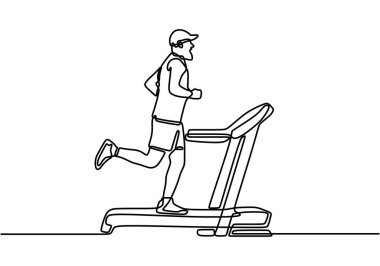 Koşu bandıyla sürekli koşan sporcu bir gencin çizgisi. Evde spor haberleri. Spor esneme konsepti. Dinamik tek çizgi tasarım vektör çizimi. Beyaz arkaplanda izole.