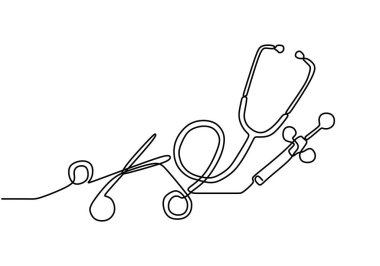Tek sıra tıbbi ekipman çizimi. Stetoskop, şırınga ve makas. Tıbbi sağlık konsepti sürekli çizgiler çiziyor. Vektör tıbbi araçlar çizim tasarımı. Vektör illüstrasyonu