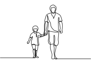Baba ve oğlunun yürüyen minimalist tasarımı. Oğlunu kucağında tutan mutlu genç baba her şeyi anlatıyor. Babanın çocukla yürüdüğü karakter..