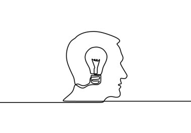 Sürekli bir çizgi halinde ampul sembolü çizmek. Kişinin kafasının içindeki fikirleri düşünmek. Fikir kavramı ortaya çıkıyor. Beyaz arkaplanda vektör illüstrasyonu izole edilmiş tasarım.