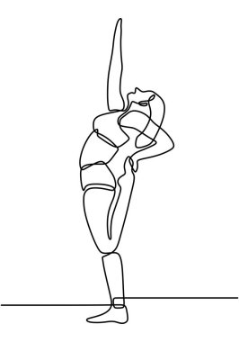 Sürekli yoga yapan mutlu bir kadının çizdiği çizgiler. Yogacı kız tek ayak pozisyonunda duruyor. Güzel genç bayan yoga pratiği yapıyor. Vektör illüstrasyon minimalizm spor tema tasarımı.
