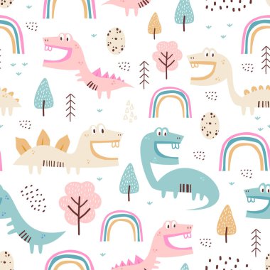 Moda kıyafetleri, kumaşlar ve tişörtler için çocuksu dinazorların kusursuz desenleri. El çizimi. Bebek ve çocuklar için vektör illüstrasyon Tekstil baskısı, İskandinav tarzı.