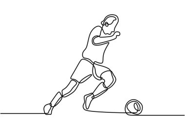 Futbol oynayan genç adamın tek çizgi çizimi. Enerjik futbolcu futbol topunu tekmeliyor. Karakter adamı futbolcu atlet. Vektör sağlıklı spor illüstrasyonu