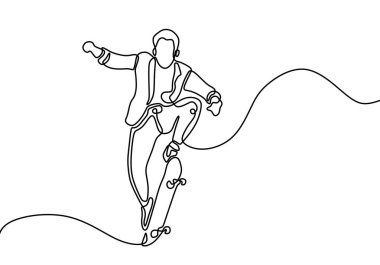 Sürekli olarak kaykaycı çizimleri. Spor vektörü illüstrasyon teması. Beyaz arka planda izole edilmiş, kaykay yarışmasına katılan mutlu genç adam..