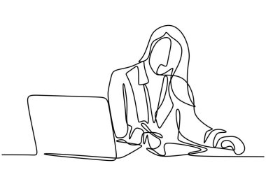 Ofis çalışanının sürekli çizimi bilgisayarın arkasında yoğunlaşmıştı. Profesyonel iş arkadaşları bilgisayar ekranı önünde odaklanır. Dizüstü bilgisayarla çalışan bir iş kadını. Vektör illüstrasyonu.