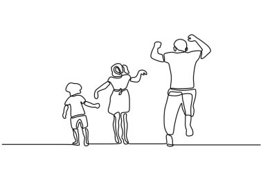 Sürekli bir çizgi çiziyor. Mutlu aile babası ve koşan çocuklar. Tezahüratçı ebeveynler, minimalist çizilmiş tek çizgi, vektör çizimi, yaratıcı babalar günü konsepti..