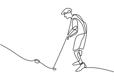 Genç sporcu golfçünün çizdiği tek bir çizgi golf sopası çizimi ile topa vurdu. Hobi spor konsepti. Golf turnuvası tanıtım medyası için iyi.